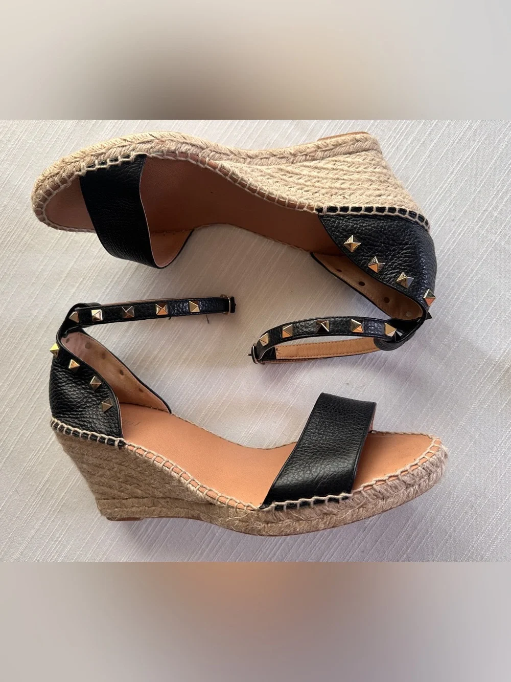 Maypol Black Pebbled Leather Studded Espadrille Wedge Sandals NWOB 42